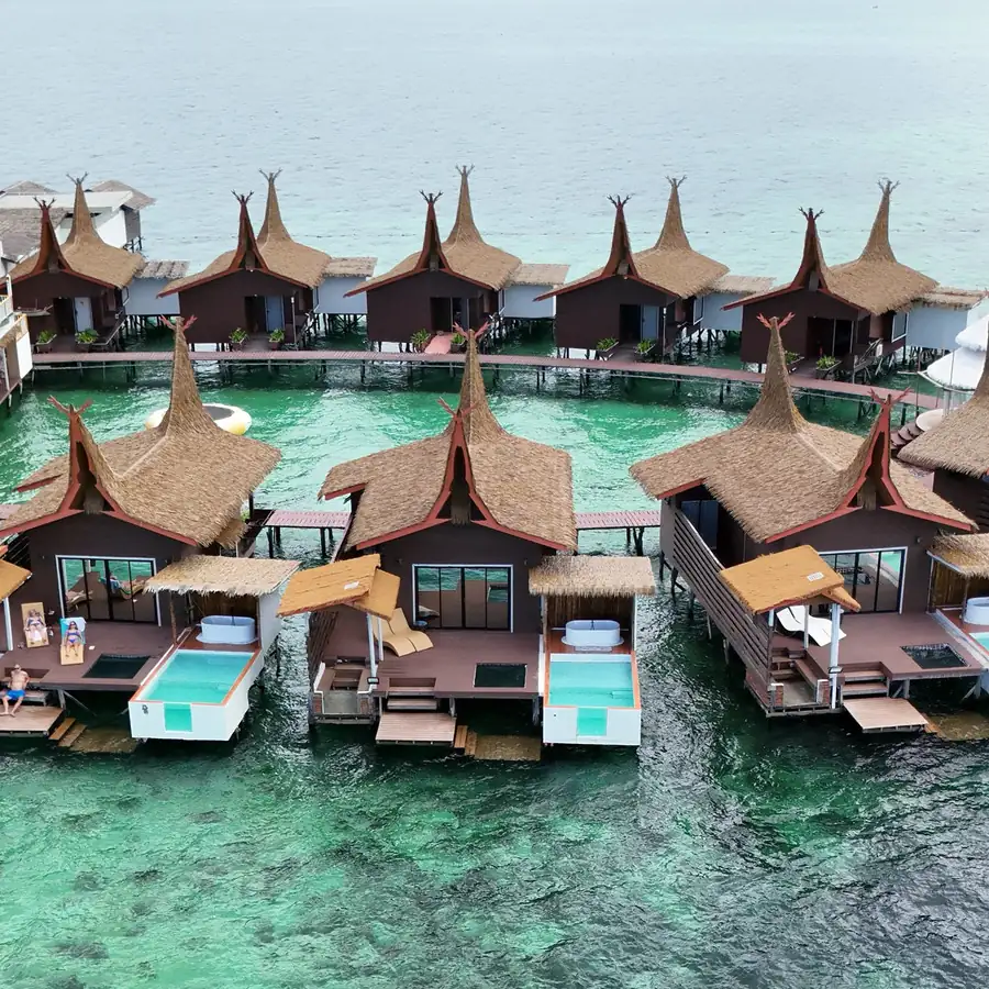 Impressive hero shot of the overwater Dayang Resort in Semporna